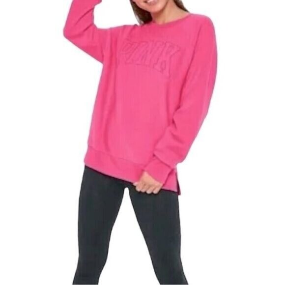 PINK Victoria Secret Barbie Pink Crew Neck Fleece Pullover Sweater Size Small - Picture 1 of 8